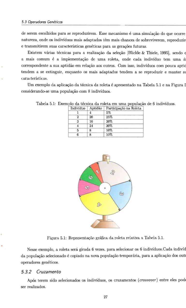 Tabela 5.1: Exemplo  d a técnica  d a roleta em  u m a população de 6 indivíduos. 