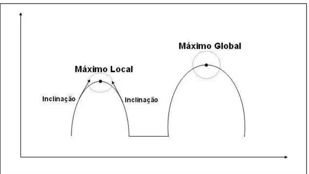 Figura 1.3 – Exemplo de função hipotética indicando um máximo local e um máximo global 