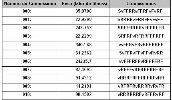 Tabela 3.4 – Exemplo de primeira geração, após função Avaliadora sobre 10 indivíduos 