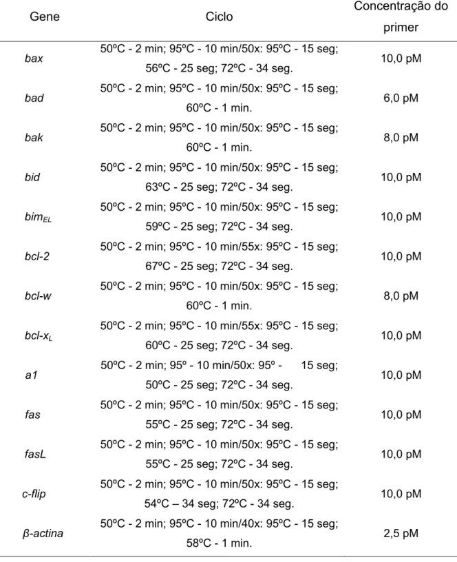 Tabela  2  -  Concentração  dos  oligonucleotídeos  e  Programa  das  reações  de  amplificação dos genes avaliados
