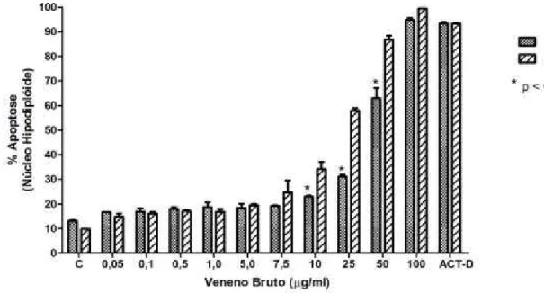 Figura 6  –  Percentagem de núcleos hipodiplóides em células HL-60 após 12 e  18  horas  de  incubação  com  o  veneno  bruto  (VB)