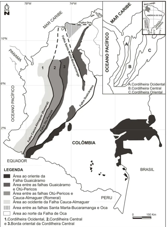 Figura 4.1. Distribuição das áreas com rochas metamórficas na Colômbia. (Modificado de Maya, 2001)