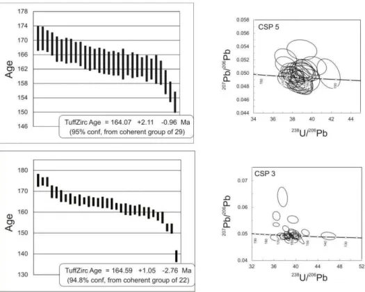 Figure 3.3. U-Pb zircon ages with 1 σ  box heights and Tera-Wasserburg diagrams with 68.3% confidence error  ellipses from the Payandé stock
