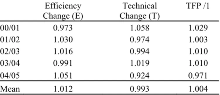 Table 8 – Mean Productivity Indices for Model I (2000-2005) 