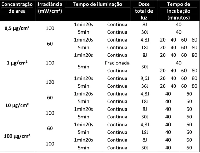 Tabela 1 - Parâmetros variados nos testes com o fotossensibilizador derivado de Porfirina  – aplicação tópica