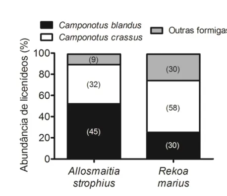Figura 3 (a) Parasitismo de ovos (média ± EP, %) de Allosmaitia strophius e de Rekoa marius; 