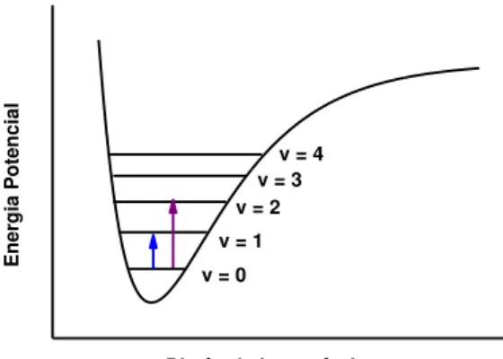 Figura  4:  Curva  de  energia  potencial,  níveis  e  transições  vibracionais  para  o  oscilador  anarmônico
