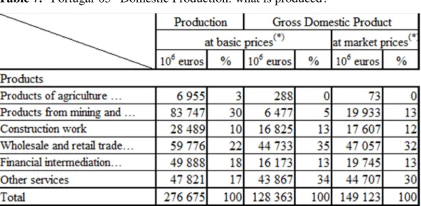 Table 7. “Portugal-05” Domestic Production: what is produced? 