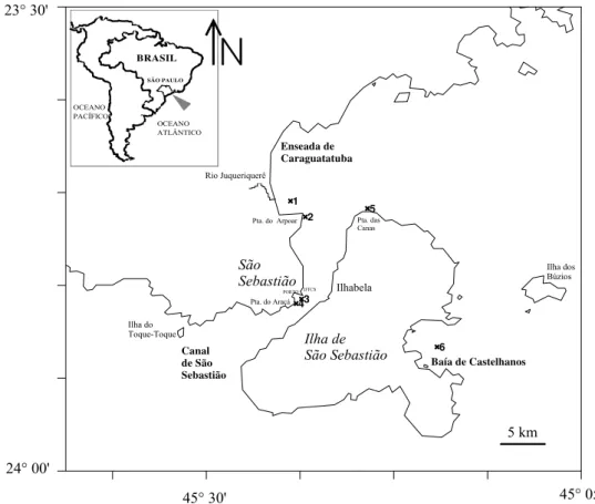 Figura 1. Mapa da área de estudo com a localização das seis estações de coleta  indicadas com números de 1 até 6