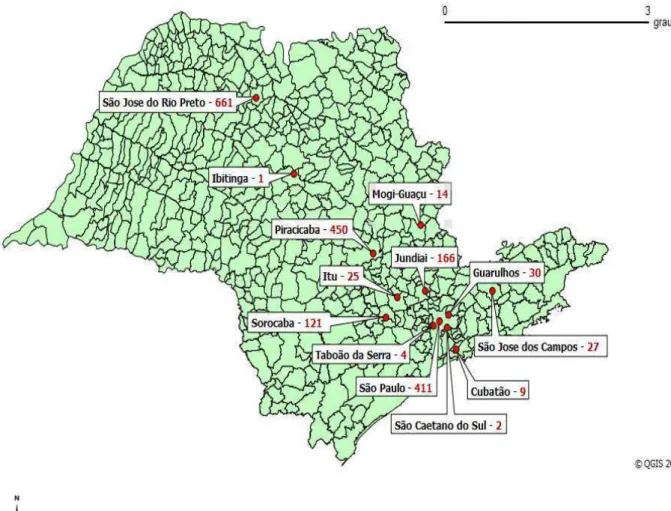 Figura  1  –  Mapa  do  estado  de  São  Paulo  com  a  localização  geográfica  dos  municípios  de  procedência  dos  morcegos  recebidos  no  período  de  março  de  2010  a  março  de  2011  no  Centro  de  Controle  de  Zoonoses de São Paulo e respect