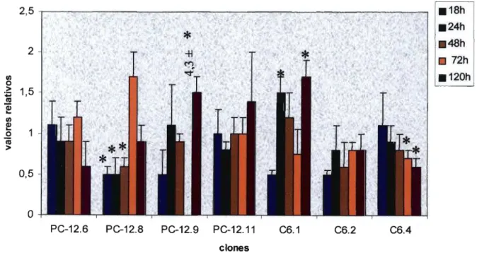 Figura 2: Avaliação da atividade do promotor de PrPc através da medida da expressão do gene &#34;reporter&#34; de luciferase nos clones de células PC-12 e C6 tratados por 18,24,48, 72 e 120 horas com 10- 6 M de DEX