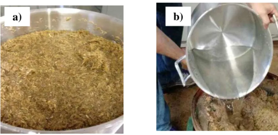 Figura 8  –  Tratamento de partículas de bagaço de cana. a) bagaço em fervura. b) lavagem água corrente  após fervura 