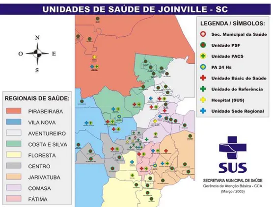 Figura 2. Unidades públicas de saúde de Joinville- SC, 2005 (SECRETARIA                  MUNICIPAL DE JOINVILLE, 2006) 