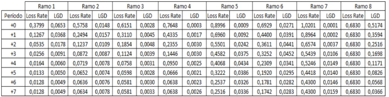 Tabela IX – Loss Rates e LGD por ramos 