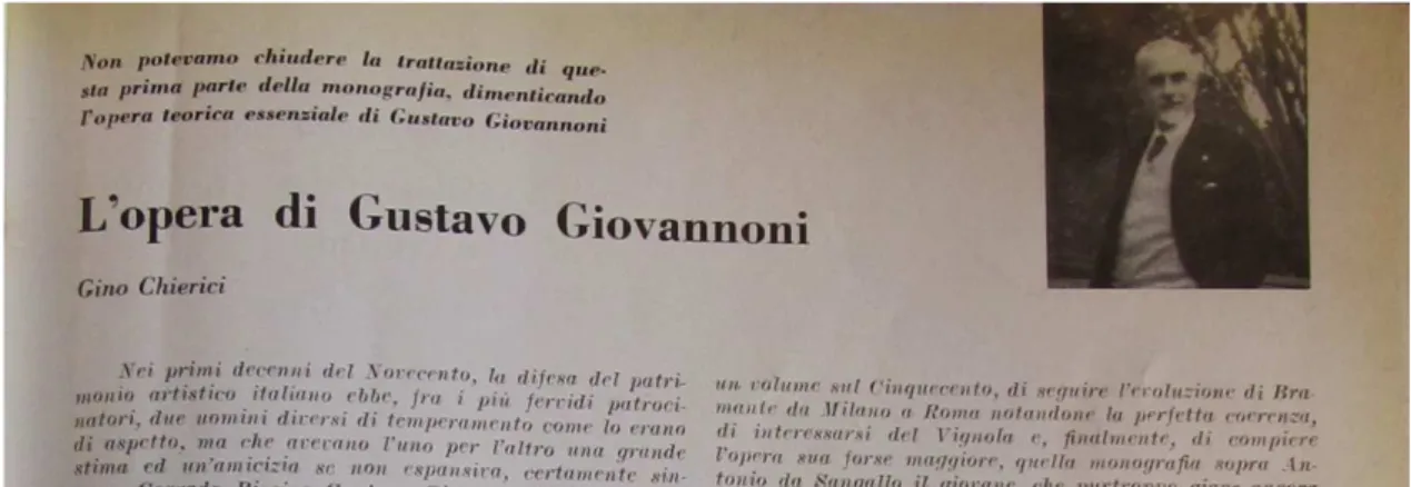 Fig.  1.  Topo  da  página  com  o  texto  de  Chierici  em  que  assinala  a  importância  da  participação  de  Giovannoni como consultor ministerial, com foto do engenheiro romano