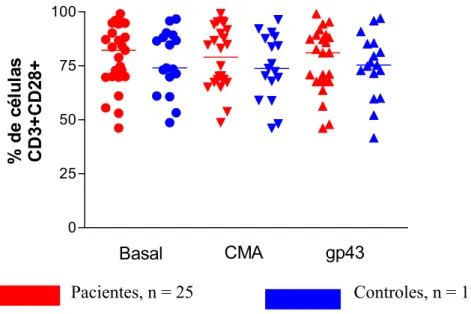 Fig. 5. Análise da porcentagem de expressão da molécula CD28 em células mononucleares de pacientes e  controles mantidas em cultura por 4 dias na presença ou não dos antígenos CMA e gp43