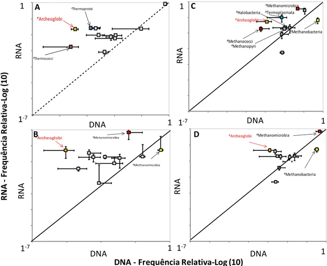 Figura  4  -  Distribuição  da  classificação  das  sequências  afiliadas  ao  domínio  Archaea  (ao  nível de classe nas análises baseadas no DNA e RNA dos solos de manguezais  estudados (A  - BrMgv01,B- BrMgv02, C  - BrMgv03 e D - BrMgv04)