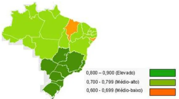 Figura  8  -  Mapa  dos  estados  brasileiros  segundo  o  índice  de  desenvolvimento  humano  (IDH)  em  2005  (ORGANIZAÇÃO DAS NAÇÕES UNIDAS, 2012a, 2012b, 2013) 