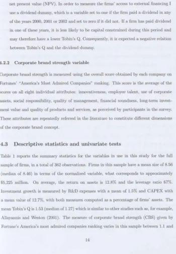 Table  1 reports  thc  summary  statistics  for  the  variables  in  use  in  this  study  for  the  full  sample of firms,  in  a  total of 362 observations