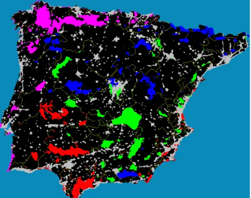 Figura 5.1: Dados para a Pen´ınsula Ib´ erica(cen´ ario 2). ´ Areas protegidas est˜ ao coloridas a vermelho, verde, azul e magenta