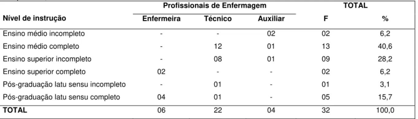 Tabela 05: Distribuição dos profissionais de enfermagem que prestam atendimento no pré-natal, segundo o nível de instrução