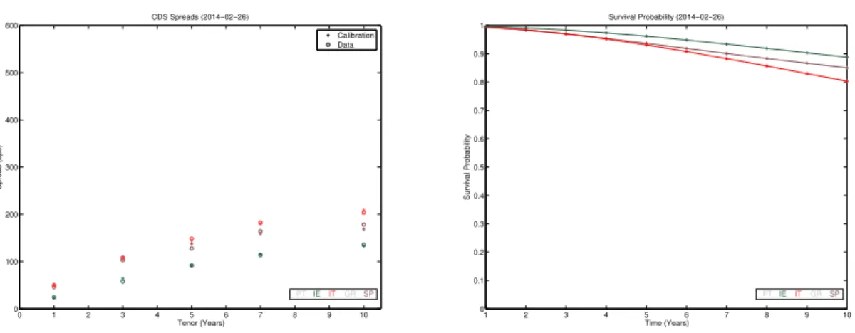 Figure 6.2: Joint calibration of IE, IT and SP spreads, and implicit survival probabilities.