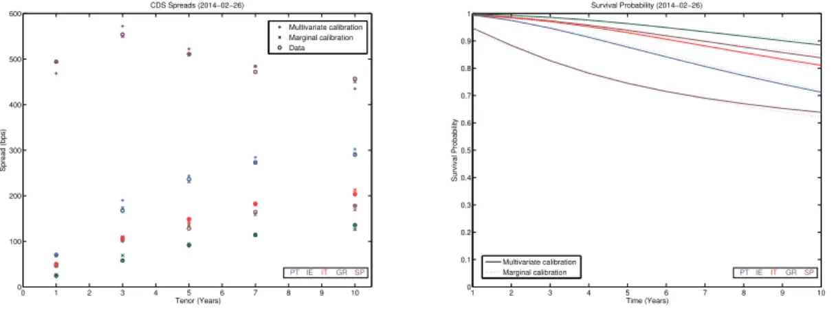 Figure 6.3 presents the calibration of the multivariate VG model with common and idiosyn- idiosyn-cratic Gamma time change components, for the dataset used in the previous section