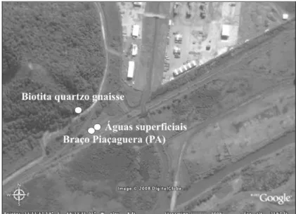 Foto 2.6 – Localização do perfil de sedimento, biotita quartzo gnaisse e águas superficiais do  Rio Piaçaguera