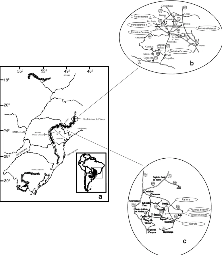 Figura 1: Mapa de localização (a): Faixa aflorante do Subgrupo Irati á