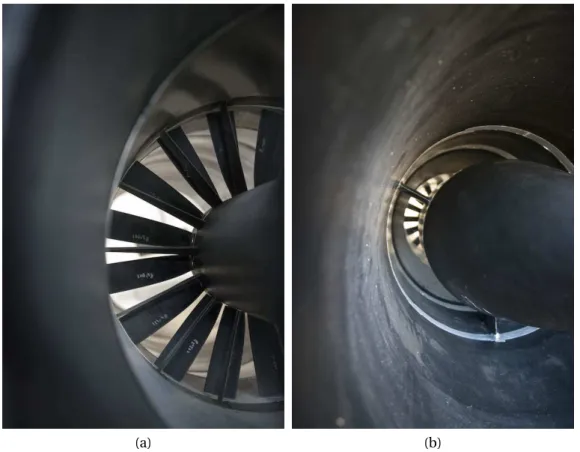 Figure 16 – Backside view: (a) Close-up in the rotor-stator stage and (b) the end of the rotor stage with 3 struts supporting the motor and the aerodynamic termination.