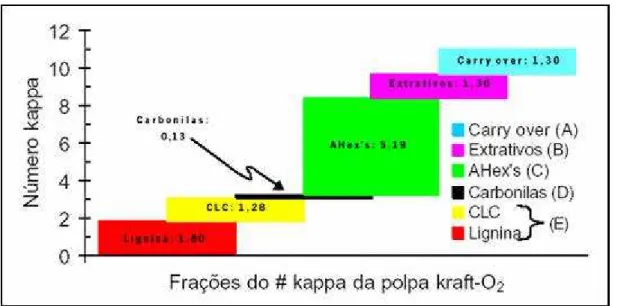 Figura  16  -  Consumo  de  KMnO 4   durante  o  teste  de  número  kappa,  pelos  principais  grupos  cromóforos  e  leucocromóforos  da  polpa  Kraft-O 2   (COSTA  e  COLODETTE,  2002)