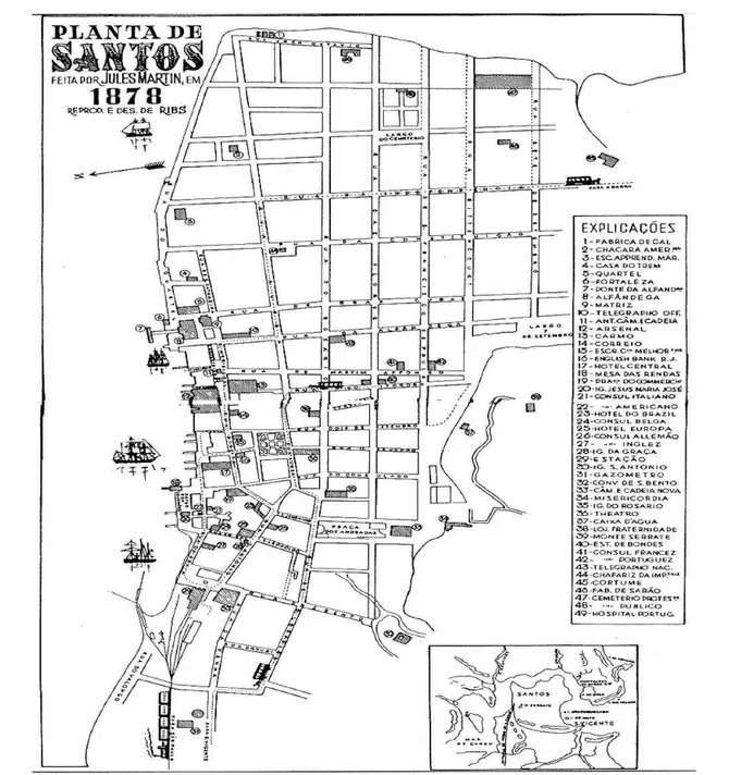Figura 1 -  Planta de Santos em 1878. Fonte: Cartilha da História de Santos, de Olao Rodrigues,  Santos/SP, 1980