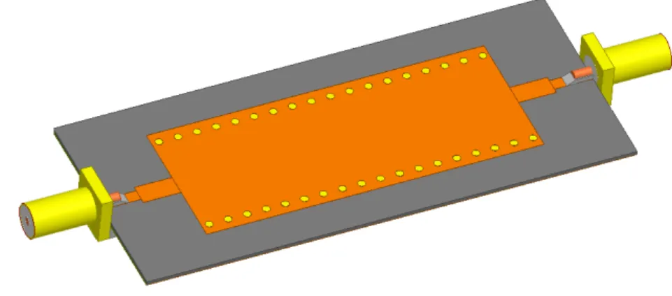 Figura 27 - Estrutura SIW projetada equivalente ao guia retangular padrão WR90 considerando  transformador de um quarto de onda.