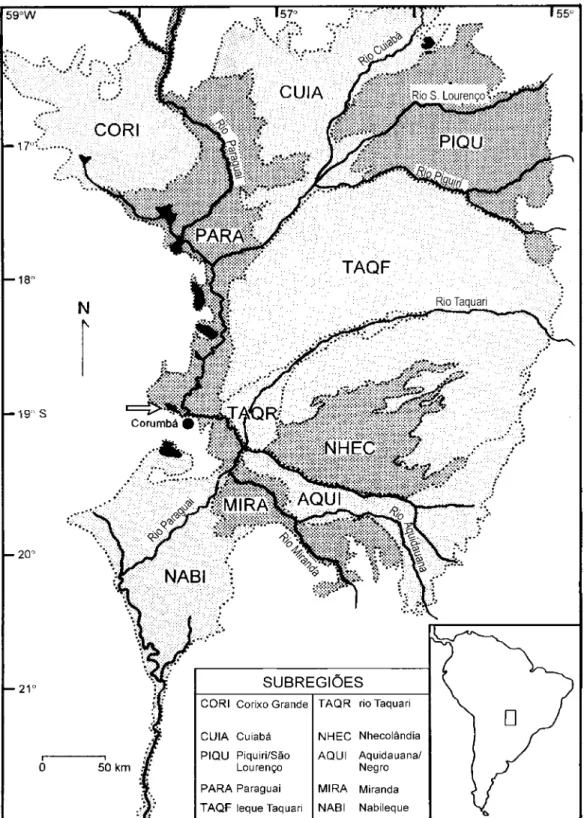 Figura 3  – Área do Pantanal, no centro da América do Sul, destacando os  principais rios e as sub-regiões no Brasil, incluindo a do rio Paraguai com suas grandes  lagoas à margem direita (áreas mais escuras); a seta aponta a lagoa marginal sob  estudo (ba