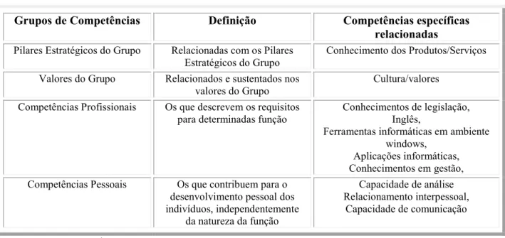 Tabela II – 1 Grupos de competências definidas para a Empresa em estudo 