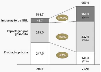 Gráfico 10 – Modo de Aprovisionamento de Gás na EU- 27 (2005-2020) (Bcm) 