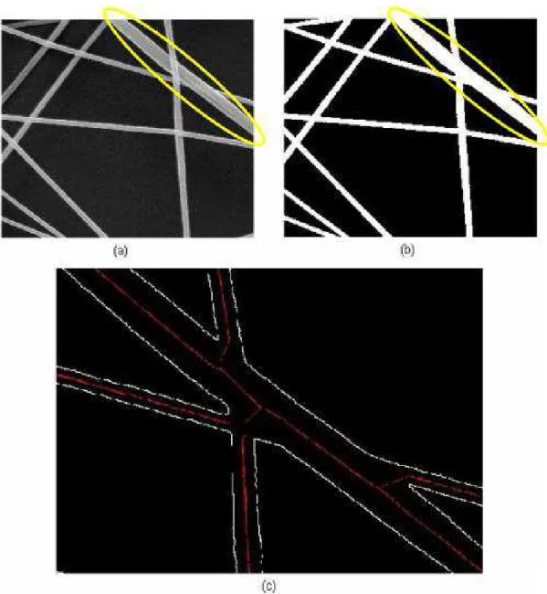 Figura 4.3: (a) Imagem original com regi˜ao de sobreposi¸c˜ao destacada em amarelo (b) processamento morfol´ogico e (c) detalhe da imagem processada, com detec¸c˜ao de bordas