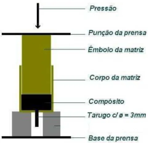 Figura 4. Representação do esquema de prensagem utilizado na confecção dos eletrodos compósitos  grafite-Araldite ®  (grafite, m/m)