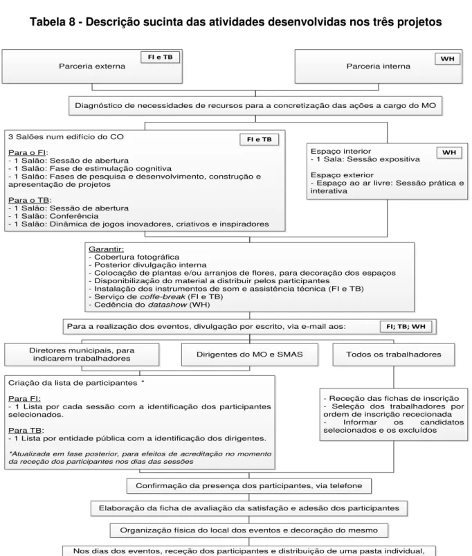 Tabela 8 - Descrição sucinta das atividades desenvolvidas nos três projetos 