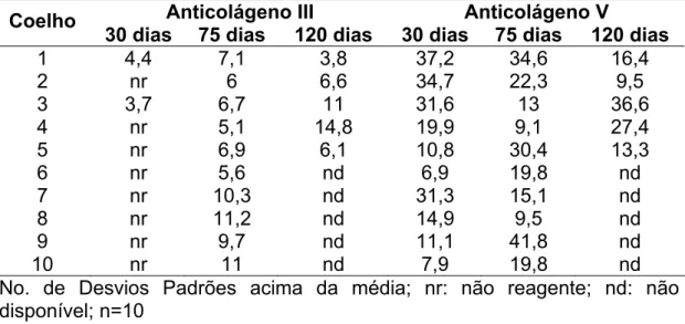 TABELA 4: Níveis de AntiCols III e V nos animais do protocolo experimental  atual imunizados com colágeno V comercial 