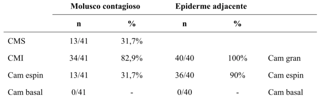 Tabela 6 - Padrão de expressão de citoqueratina 10 nas diferentes camadas  epidérmicas das lesões de MC e epiderme adjacente 