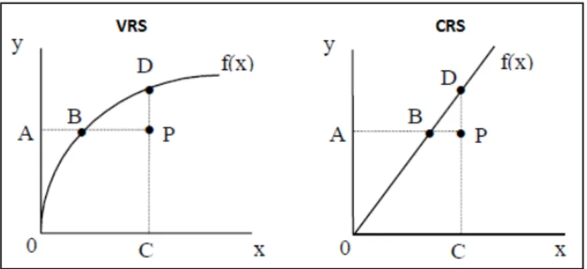 Figura 2  – Exemplos de representações gráficas das hipóteses VRS e CRS (Coelli, 1996)