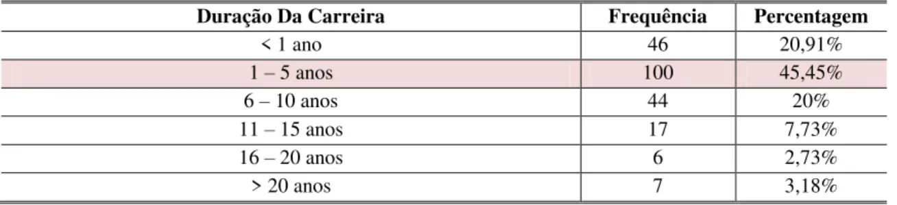 Figura 3: Distribuição por duração da carreira no centro de investigação 