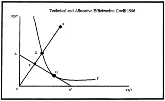 Figure  2.1:  Technical  and  Allocative  Efficiencies  Shown  on  an  Input  Oriented Two Input One Output CRS Model 