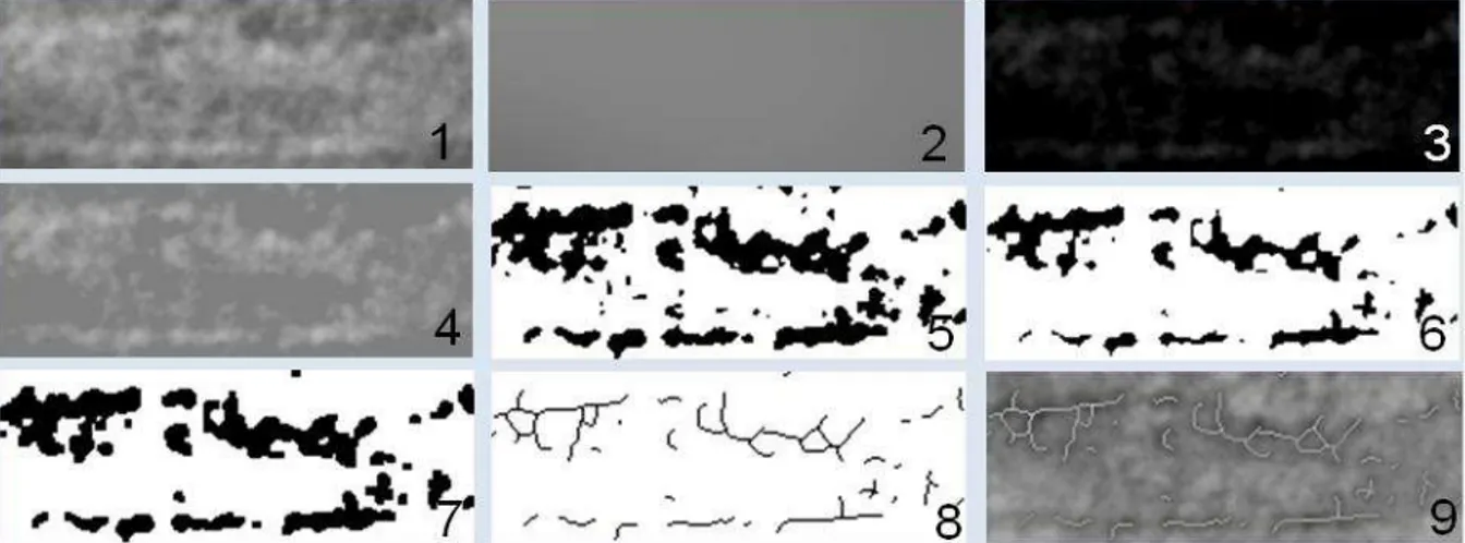 Figura 4.5 –  Processo  de  caracterização  das  corticais  do  canal  da  mandíbula.  1)Imagem  duplicada;  2)  Imagem  Borrada  (filtro  Gaussian);  3)  Subtração  da  imagem  1  pela  imagem  2;  4)  Adição  de  128;  5)  Binarização;  6)  Erosão;  7)  