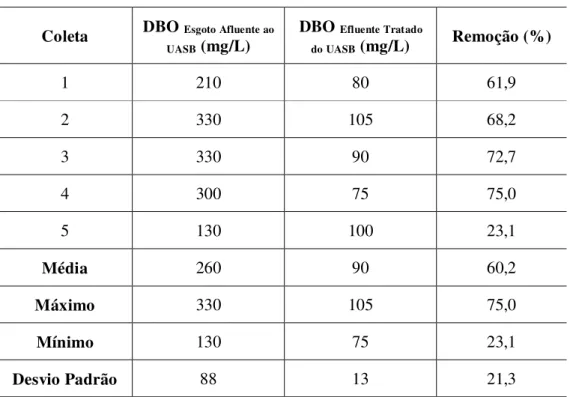 Tabela 2. Resultados Operacionais de DBO 5,20  da ETE Lageado, em Botucatu  (Fonte: SABESP)