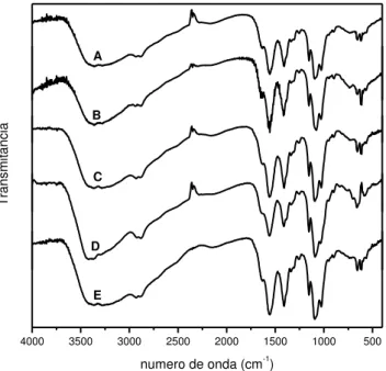 Figura 11: Espectros de infravermelho da membrana de quitosana (A) sem fotossensibilizador e  contendo (B) AM, (C) RB, (D) p-TAPP e (E) TMPyP incorporado