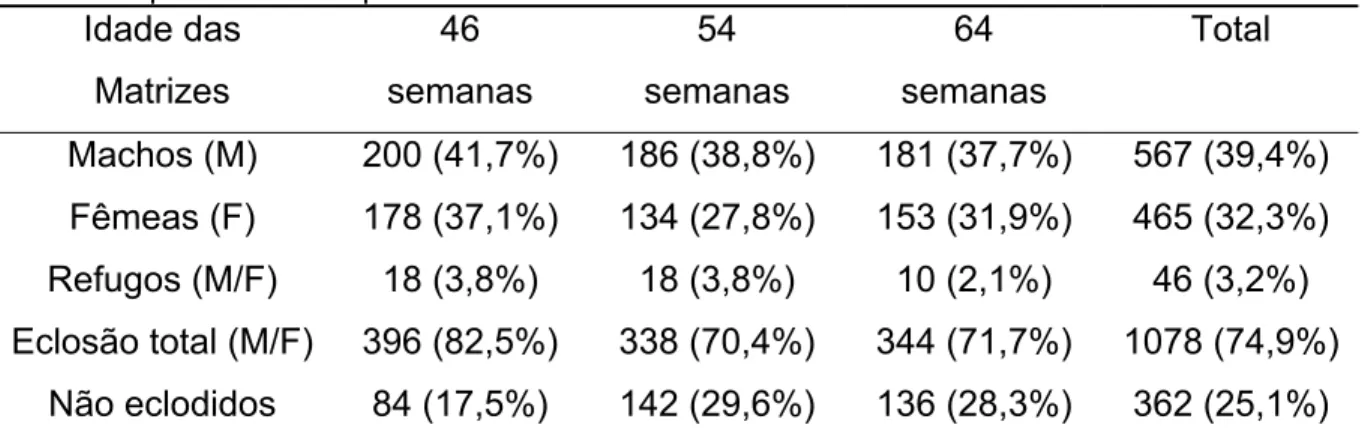 Tabela 8 – Eclosão de ovos das matrizes com idades de 46, 54 e 64 semanas, classificados  pelo sexo dos pintos ao nascimento 