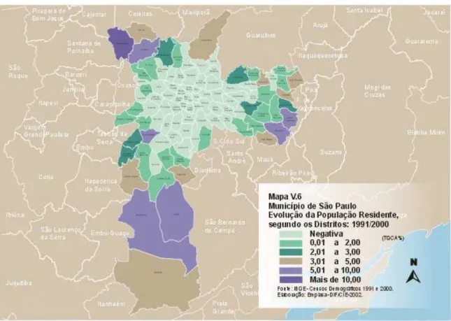 Figura 4 - Mapa do Município de São Paulo : Evolução da população residente segundo os distritos  1992/2000 
