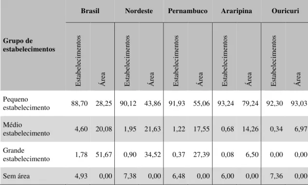 Tabela  2  –   Número  e  área  (percentuais)  dos  estabelecimentos  agropecuários  segundo  classificação por módulo fiscal¹, Brasil, Nordeste, Pernambuco, Microrregião de Araripina  e Ouricuri, 2006 